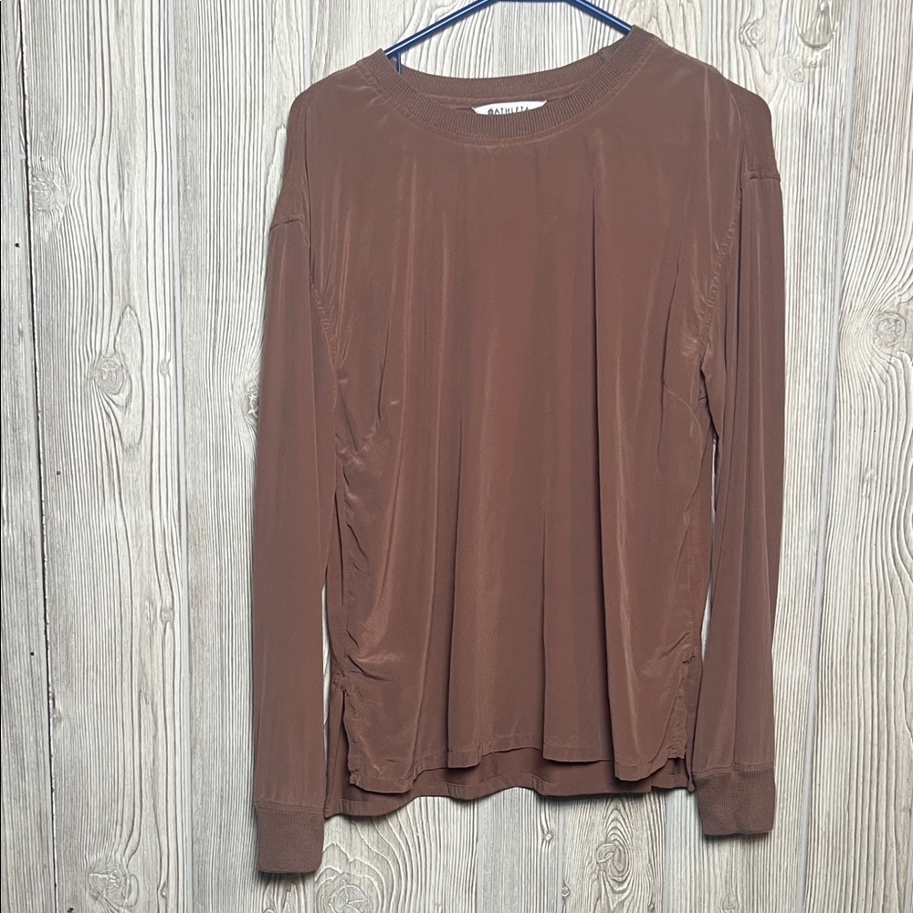 ATHLETA Womens SILK HYBRID Top Rustic Beige Pullover Long Sleeve Shirt Medium
